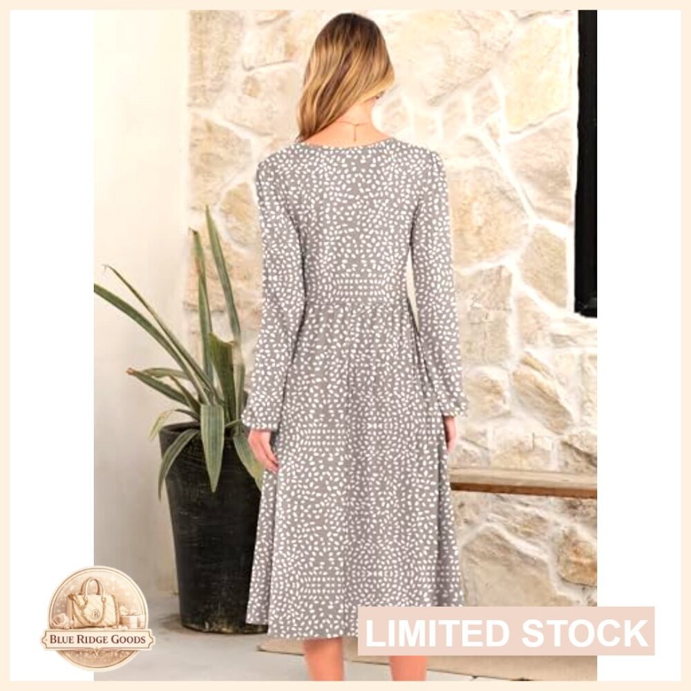 Long Sleeve Midi Dress Flowy A-Line Casual Elegant Fall Fashion with Pocket - Picture 5 of 7